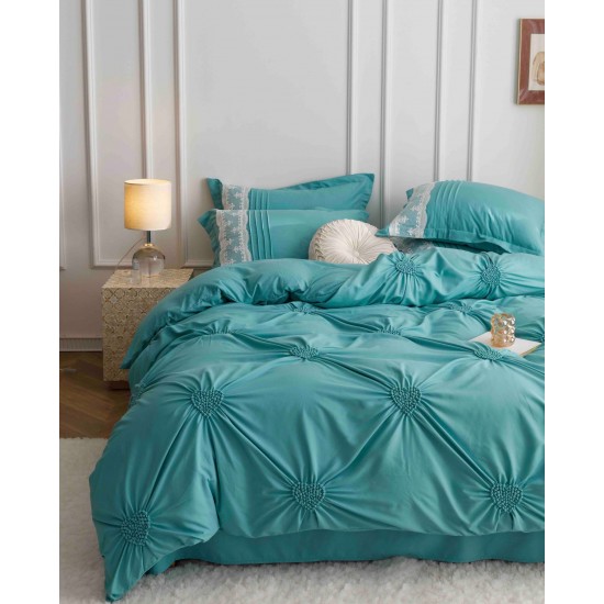 Lenjerie pat dublu finet 6 piese cu pliuri, inimioare și broderie-verde menta, LIB-023 Lenjerii cu Pliuri