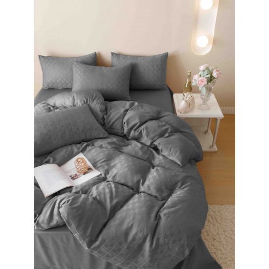 Set Lenjerie de Pat, Bumbac Tip Jacquard Finetat, 6 Piese, Gri Antracit, LDJ-009 Lenjerii Jacquard cu Finet