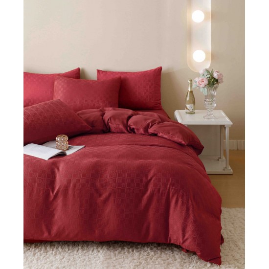 Set Lenjerie de Pat, Bumbac Tip Jacquard Finetat, 6 Piese, Rosu, LDJ-013 Lenjerii Jacquard cu Finet