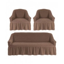 Huse Elastice si Creponate cu Volan, Canapea 3 Persoane + 2 Huse Fotolii, Bej-cacao, HCVF-004