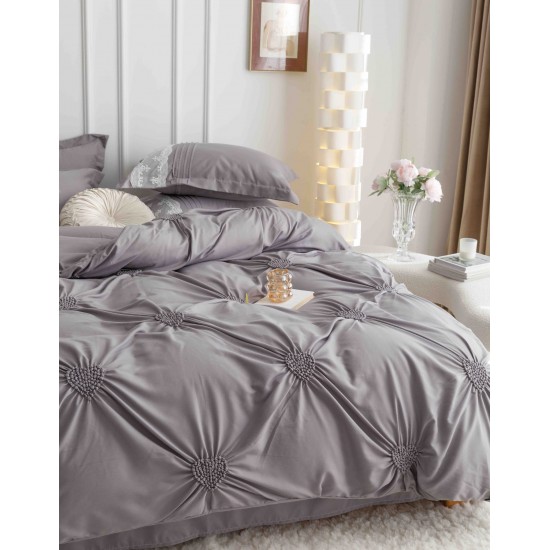 Lenjerie pat dublu finet 6 piese cu pliuri, inimioare și broderie-gri, LIB-022 Lenjerii cu Pliuri