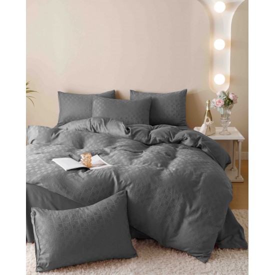 Set Lenjerie de Pat, Bumbac Tip Jacquard Finetat, 6 Piese, Gri Antracit, LDJ-009 Lenjerii Jacquard cu Finet
