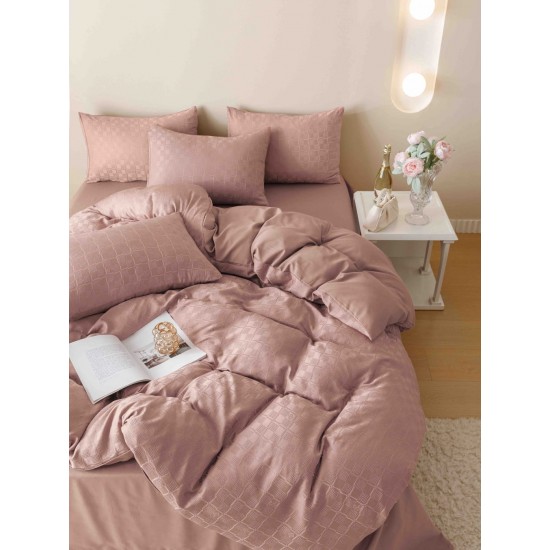 Set Lenjerie de Pat, Bumbac Tip Jacquard Finetat, 6 Piese, Roz Pudra, LDJ-014 Lenjerii Jacquard cu Finet