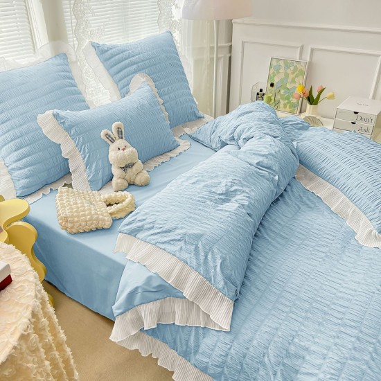 Lenjerie Bumbac Creponat, 6 Piese, Pat 2 Persoane, Blue, LFC-009 Lenjerii finet creponat 6 piese