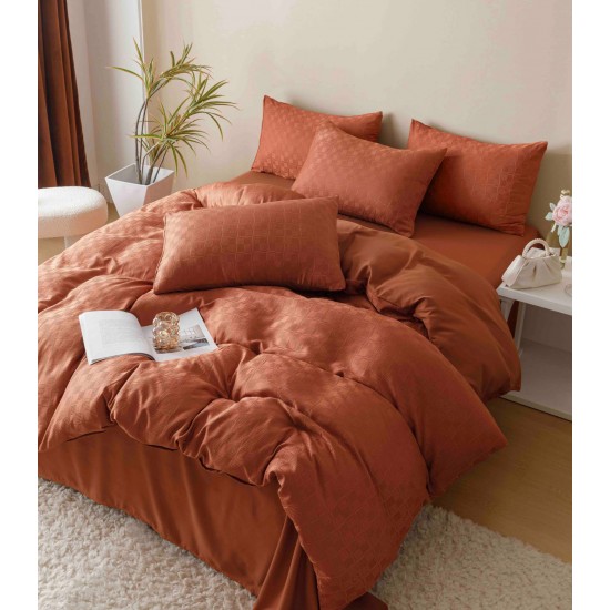 Set Lenjerie de Pat, Bumbac Tip Jacquard Finetat, 6 Piese, Caramiziu, LDJ-004 Lenjerii Jacquard cu Finet