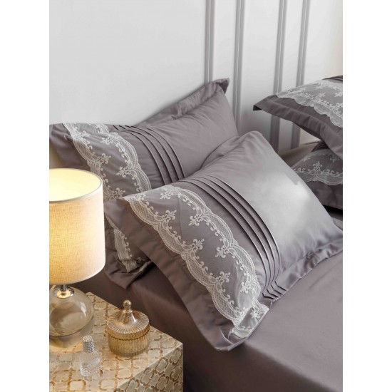 Lenjerie pat dublu finet 6 piese cu pliuri, inimioare și broderie-gri, LIB-022 Lenjerii cu Pliuri