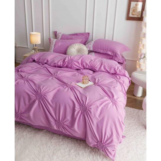 Lenjerie pat dublu finet 6 piese cu pliuri, inimioare și broderie-lila, LIB-026 Lenjerii cu Pliuri