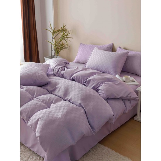 Set Lenjerie de Pat, Bumbac Tip Jacquard Finetat, 6 Piese, Lila, LDJ-010 Lenjerii Jacquard cu Finet