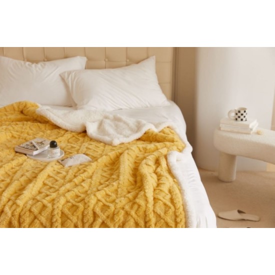 Patura Cocolino cu Blanita, Model Tricotat, Pat 2 Persoane, 200x230 cm, Galben, PCT-006 Patura cu Blanita tip Tricotaj