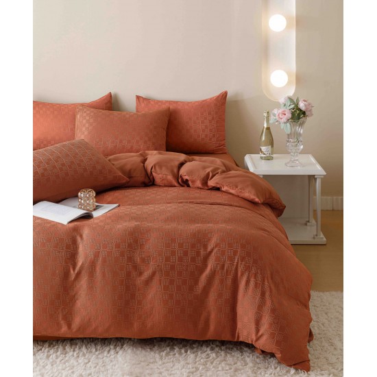 Set Lenjerie de Pat, Bumbac Tip Jacquard Finetat, 6 Piese, Caramiziu, LDJ-004 Lenjerii Jacquard cu Finet