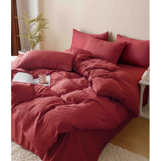 Set Lenjerie de Pat, Bumbac Tip Jacquard Finetat, 6 Piese, Rosu, LDJ-013 Lenjerii Jacquard cu Finet