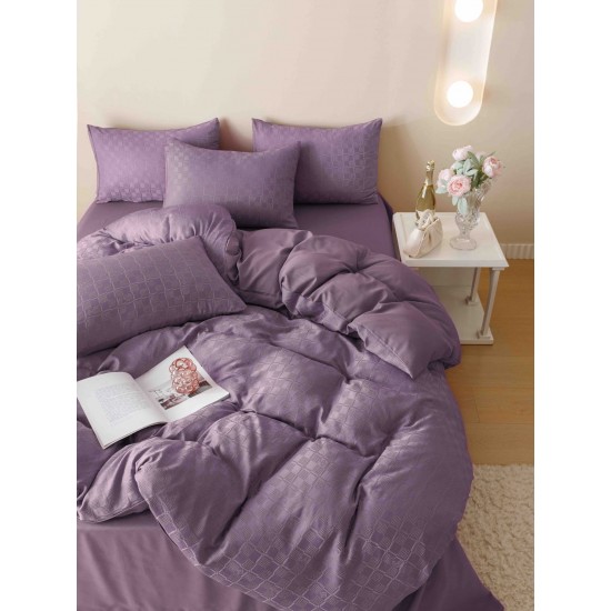 Set Lenjerie de Pat, Bumbac Tip Jacquard Finetat, 6 Piese, Mov, LDJ-012 Lenjerii Jacquard cu Finet