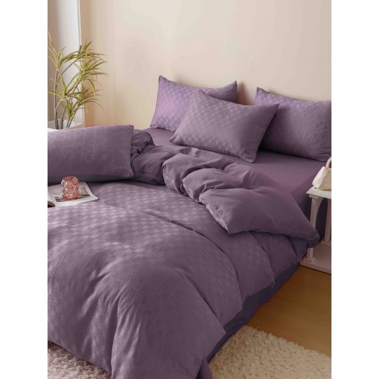 Set Lenjerie de Pat, Bumbac Tip Jacquard Finetat, 6 Piese, Mov, LDJ-012 Lenjerii Jacquard cu Finet