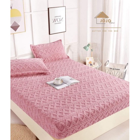 Husa de Pat cu Elastic si 2 Fete de Perna, CoCoLiNo, 180x200x25cm, model Tricotat, Roz, HCT-009 Huse Cocolino tip Tricoraj