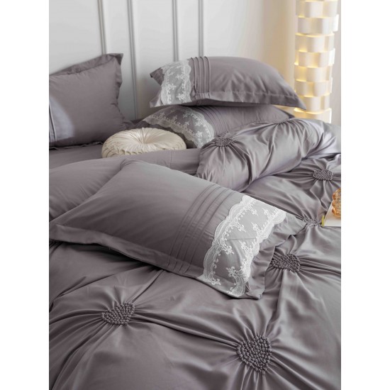 Lenjerie pat dublu finet 6 piese cu pliuri, inimioare și broderie-gri, LIB-022 Lenjerii cu Pliuri