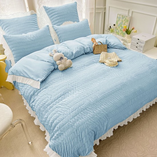 Lenjerie Bumbac Creponat, 6 Piese, Pat 2 Persoane, Blue, LFC-009 Lenjerii finet creponat 6 piese