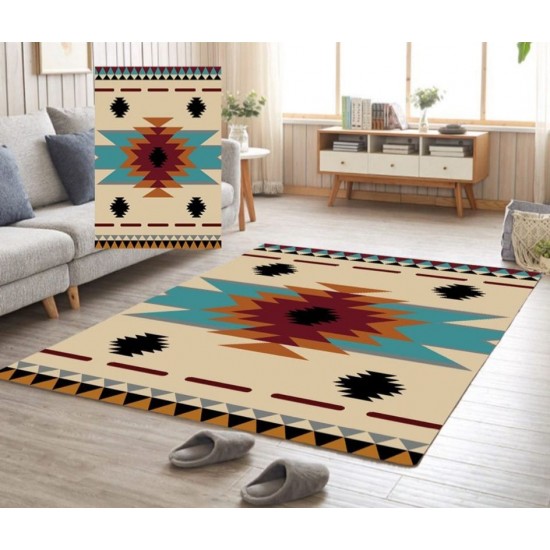 Covor Traditional Antiderapant, 80x150cm, Albastru-Crem-Portocaliu, CAM-027 Covoare traditionale