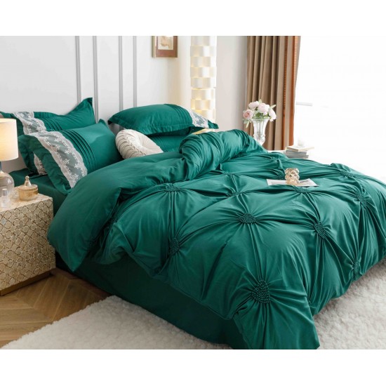 Lenjerie pat dublu finet 6 piese cu pliuri, inimioare și broderie-verde smarald, LIB-029 Lenjerii cu Pliuri