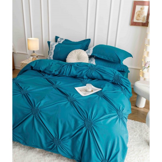 Lenjerie pat dublu finet 6 piese cu pliuri, inimioare și broderie-turcoaz inchis, LIB-019 Lenjerii cu Pliuri
