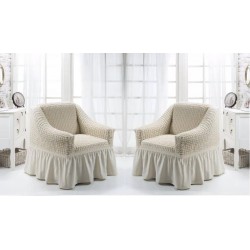 Set 2 huse elastice si creponate pentru fotolii, cu volanas, Alb unt,  HFC-016