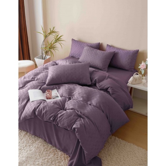 Set Lenjerie de Pat, Bumbac Tip Jacquard Finetat, 6 Piese, Mov, LDJ-012 Lenjerii Jacquard cu Finet