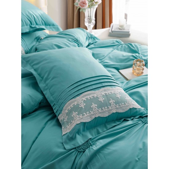 Lenjerie pat dublu finet 6 piese cu pliuri, inimioare și broderie-verde menta, LIB-023 Lenjerii cu Pliuri
