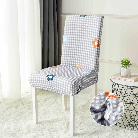 Set 6 Huse Universale pentru Scaun Elastice – Model Gri în Carouri cu Floricele, HSJ-008 Huse Scaune 6 piese