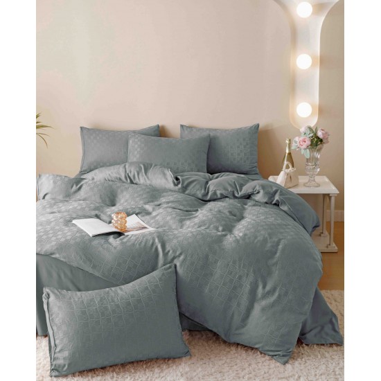 Set Lenjerie de Pat, Bumbac Tip Jacquard Finetat, 6 Piese, Gri, LDJ-052 Lenjerii Jacquard cu Finet