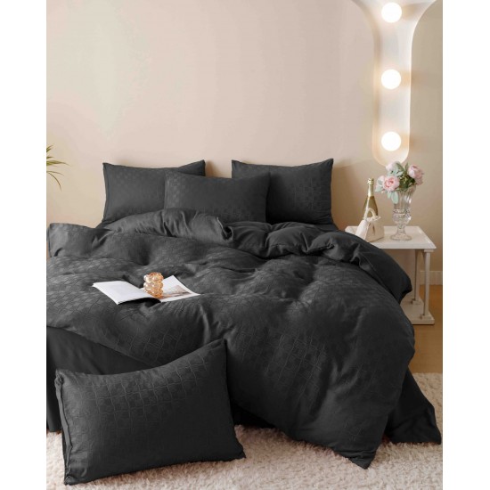 Set Lenjerie de Pat, Bumbac Tip Jacquard Finetat, 6 Piese, Negru, LDJ-011 Lenjerii Jacquard cu Finet