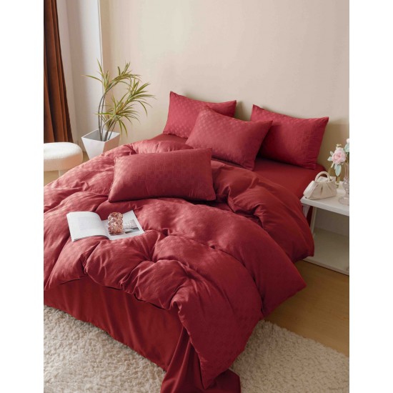 Set Lenjerie de Pat, Bumbac Tip Jacquard Finetat, 6 Piese, Rosu, LDJ-013 Lenjerii Jacquard cu Finet