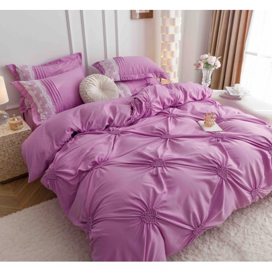 Lenjerie pat dublu finet 6 piese cu pliuri, inimioare și broderie-lila, LIB-026 Lenjerii cu Pliuri
