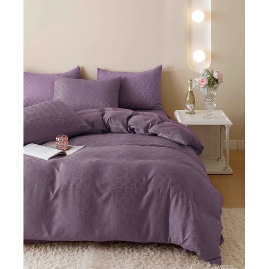 Set Lenjerie de Pat, Bumbac Tip Jacquard Finetat, 6 Piese, Mov, LDJ-012 Lenjerii Jacquard cu Finet