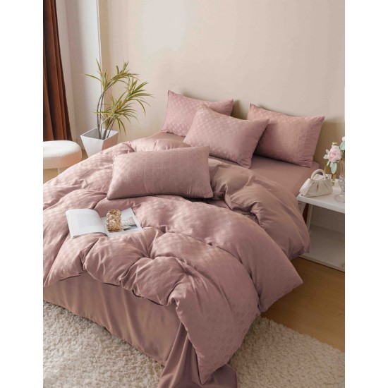 Set Lenjerie de Pat, Bumbac Tip Jacquard Finetat, 6 Piese, Roz Pudra, LDJ-014 Lenjerii Jacquard cu Finet