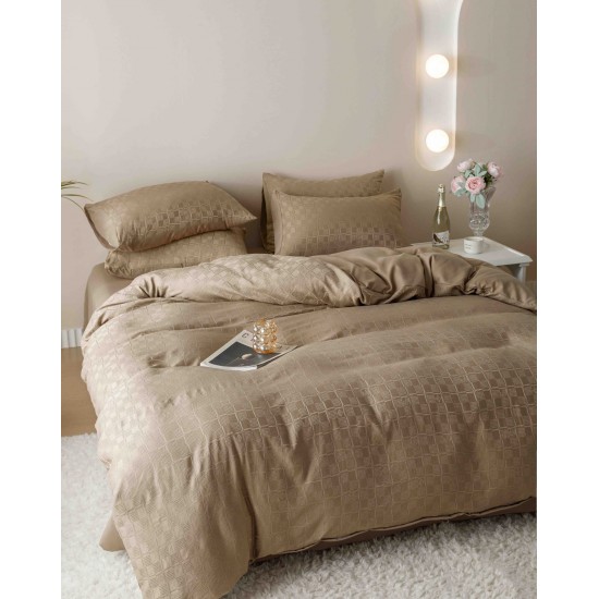 Set Lenjerie de Pat, Bumbac Tip Jacquard Finetat, 6 Piese, Bej, LDJ-051 Lenjerii Jacquard cu Finet