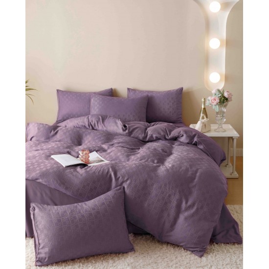 Set Lenjerie de Pat, Bumbac Tip Jacquard Finetat, 6 Piese, Mov, LDJ-012 Lenjerii Jacquard cu Finet