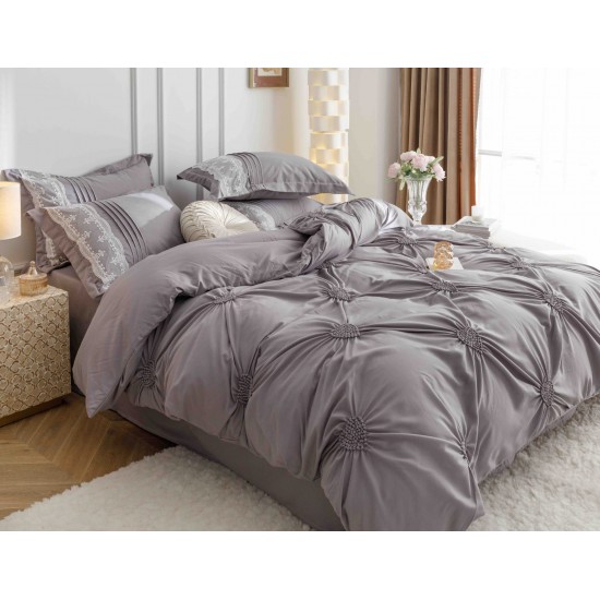 Lenjerie pat dublu finet 6 piese cu pliuri, inimioare și broderie-gri, LIB-022 Lenjerii cu Pliuri