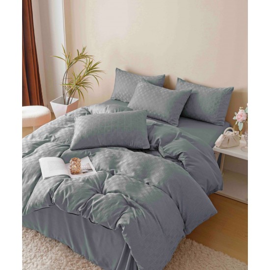 Set Lenjerie de Pat, Bumbac Tip Jacquard Finetat, 6 Piese, Gri, LDJ-052 Lenjerii Jacquard cu Finet