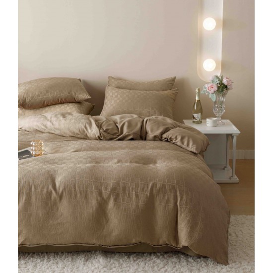 Set Lenjerie de Pat, Bumbac Tip Jacquard Finetat, 6 Piese, Bej, LDJ-051 Lenjerii Jacquard cu Finet