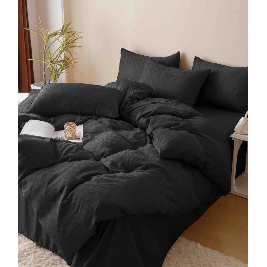 Set Lenjerie de Pat, Bumbac Tip Jacquard Finetat, 6 Piese, Negru, LDJ-011 Lenjerii Jacquard cu Finet