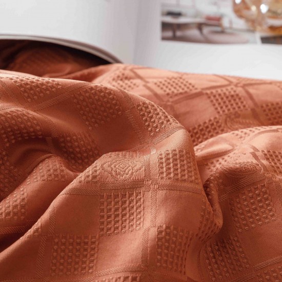 Set Lenjerie de Pat, Bumbac Tip Jacquard Finetat, 6 Piese, Caramiziu, LDJ-004 Lenjerii Jacquard cu Finet