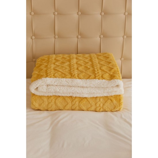 Patura Cocolino cu Blanita, Model Tricotat, Pat 2 Persoane, 200x230 cm, Galben, PCT-006 Patura cu Blanita tip Tricotaj