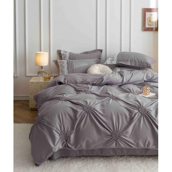 Lenjerie pat dublu finet 6 piese cu pliuri, inimioare și broderie-gri, LIB-022 Lenjerii cu Pliuri