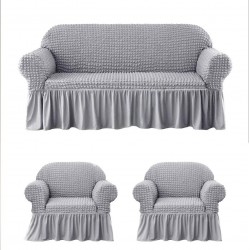 Huse Elastice si Creponate cu Volan, Canapea 3 Persoane + 2 Huse Fotolii, Gri, HCVF-006