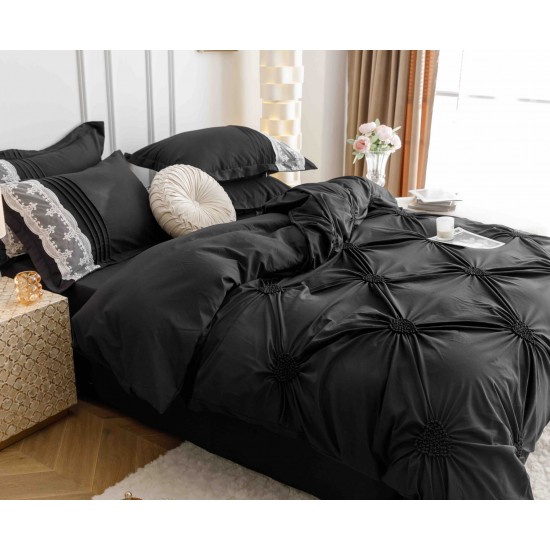 Lenjerie pat dublu finet 6 piese cu pliuri, inimioare și broderie-negru, LIB-018 Lenjerii cu Pliuri