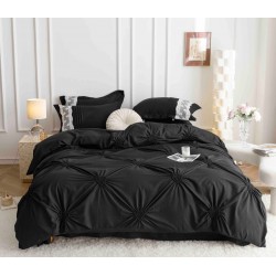 Lenjerie pat dublu finet 6 piese cu pliuri, inimioare și broderie-negru, LIB-018