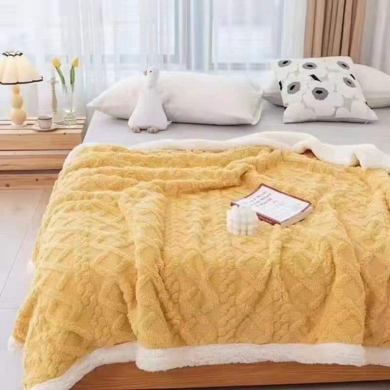 Patura Cocolino cu Blanita, Model Tricotat, Pat 2 Persoane, 200x230 cm, Galben, PCT-006 Patura cu Blanita tip Tricotaj
