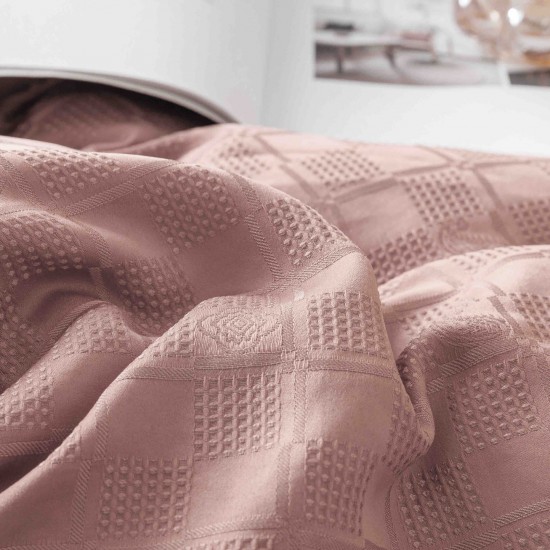 Set Lenjerie de Pat, Bumbac Tip Jacquard Finetat, 6 Piese, Roz Pudra, LDJ-014 Lenjerii Jacquard cu Finet