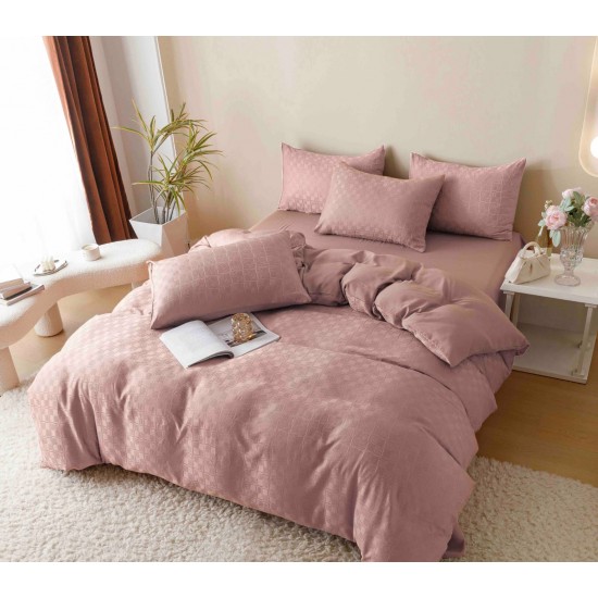 Set Lenjerie de Pat, Bumbac Tip Jacquard Finetat, 6 Piese, Roz Pudra, LDJ-014 Lenjerii Jacquard cu Finet