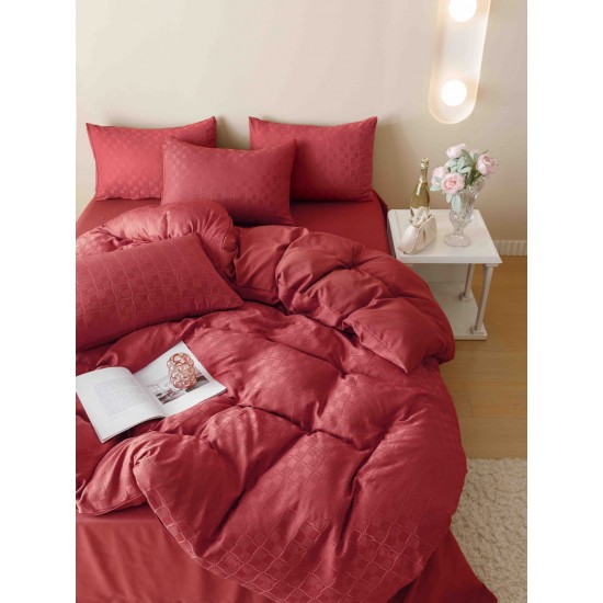 Set Lenjerie de Pat, Bumbac Tip Jacquard Finetat, 6 Piese, Rosu, LDJ-013 Lenjerii Jacquard cu Finet