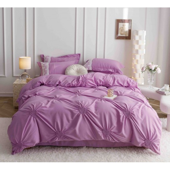 Lenjerie pat dublu finet 6 piese cu pliuri, inimioare și broderie-lila, LIB-026 Lenjerii cu Pliuri